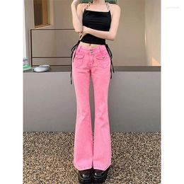 Women's Jeans American Retro Fashion Pink High Waist Slim Thin Chic Skinny Flare Denim Pants Empire Straight Long Trousers