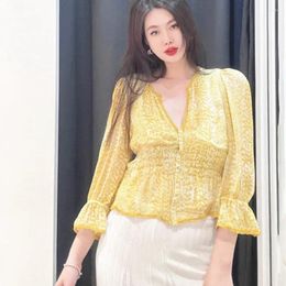 Women's Blouses Waist Slim Flare Sleeve Blouse V-Neck Single Breasted Summer 2024 Female Yellow Print Loose Shirt Tops