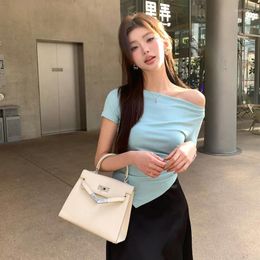 Women's Blouses 2024 Summer Design One Shoulder Short Sleeve T-shirt Slim Fit Style Off The Top Female Clothing