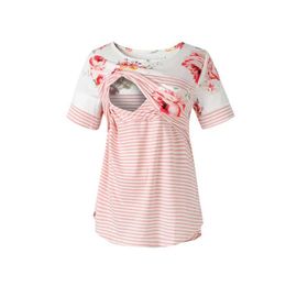 Maternity Tops Tees Pregnant Women Breastfeeding Tops Striped Stitching Short-sleeved Out Fashion Maternity T-shirts Nursing Clothes Bottoming Shirt Y240518