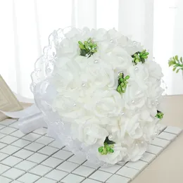 Decorative Flowers Wedding Bride Hand Tied Bouquet Pearl White Rose Bridesmaid Foam Bridal Ribbon