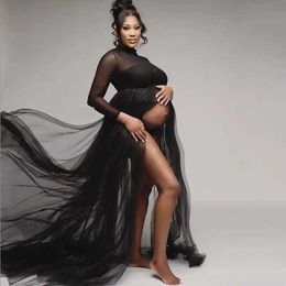 Maternity Dresses Sexy Women Maternity Baby Shower Mesh Dresses Long Sleeve Pregnant Turtleneck Maxi Dress For Photoshoot Premama See Through Gown H240518