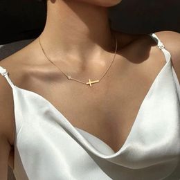 Delicate Petite Sideway Cross Necklaces Pendant Women 14K Gold Thin Chain Link Christian Jewelry