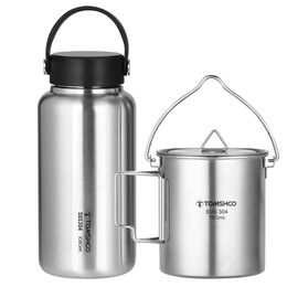 TOMSHOO 1050ml stainless steel water bottle leak proof sports water bottle with 750ml cup coffee cup hanging can used for camping and hiking trips 240429