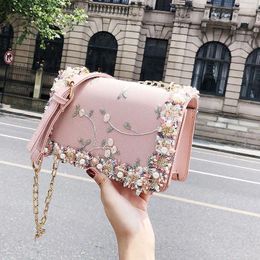 Shoulder Bags SWDF Fashion Transparent Chain Metal Buckle Women Small Square Pack Embroidery Pearl Design Female Crossbody Bag Flap Trend