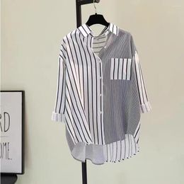 Women's Blouses Women Shirt Color-blocked Blouse Striped Print Lapel With Long Back Commute For Loose Fit