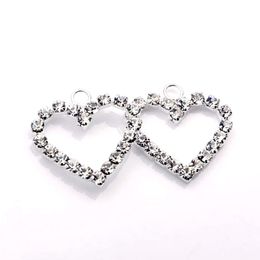 100Pcs Silver Plate Clear Rhinestone Heart Shaped Charm Pendants For Jewelry Making Bracelet Necklace Findings 002307 2432