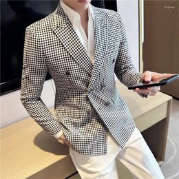 Men's Suits British Style Double Breasted Fashion Houndstooth Blazer Jackets For Men Clothing 2024 Business Formal Wear Casual Suit Coats