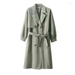 Women's Trench Coats Long Pea Green Windbreaker Double Breasted Lace-up Coat Spring Autumn 2024 In Outerwears Women Casual