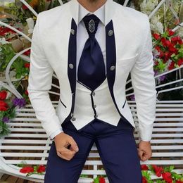 White Mens Suits Luxury Wedding Blazer Single Breasted Jacquard Fabric Regular Length Formal 3 Piece Jacket Pants Vest Slim Fit 240517