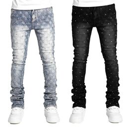 Jeans maschile europeo personale jeans impilati per uomini slim fit perle elastiche mans new designer jeans t240515