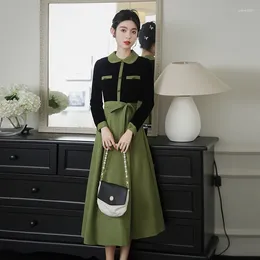 Casual Dresses French Long Sleeve Vintage For Women Black Velvet Patchwork Doll Neck Green Fashion Vestidos Autumn Winter Dress