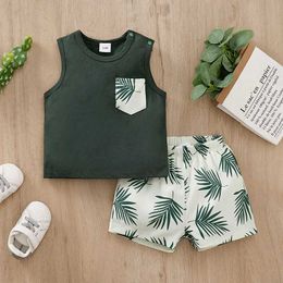 Clothing Sets Baby clothing casual vacation style palm leaf soft boys and girls summer 0-18 short sleeved baby T-shirt+two-piece set J240518