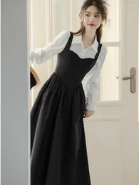 Work Dresses Chinese Vintage College Style Two Piece Set Women White Shirt Top Black Retro Strap Dress Suit Elegant Casual Autumn Outfits