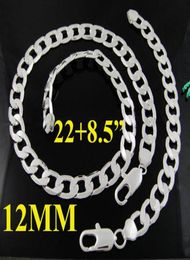 Fashion Men039s Jewellery set 925 Silver 12MM Curb Chain Flat Necklace Bracelet set 2285inch 10sets2799571