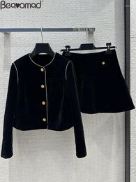 Work Dresses Bearomad Autumn Fashion Black Color Mini Skirt Suit Women's O-Neck Pockets Long Sleeve Coat Button Slim A-Line Short