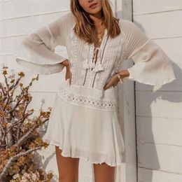 Solid White Embroidery Bikini Cover Up Beach Dress For Women Tassel Lace-up Flare Sleeve Short Dresses Beachwear 2024 Cover-ups