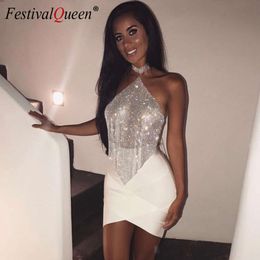 FestivalQueen 2022 Glitter Halter Rhinestones Crop Women Backless Party Camis Summer Sexy Diamonds Sequins Tank Top For Lady Sexy Costumes