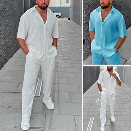 Casual Loose Men Suits Solid Striped Lapel Short Sleeve Shirts And Pants Two Piece Set Summer Beach Outfits Tracksuit Male 240517