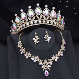 Baroque AB Crystal Purple Crown Jewelry Sets for Girls Tiaras Necklace Earrings Party Prom Wedding Set Bridal Accessory 240511