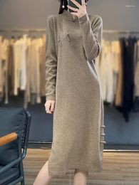 Casual Dresses 23 Chinese Knitted Cheongsam Buckle Pure Cashmere Skirt Sweater Women's Long Wool Over The Knee Dress