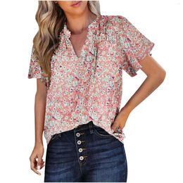 Women's T Shirts Tops Shirt 2024 Summer Fashion Floral Printed Top Casual Loose V Neck Short Sleeve Commuter Blouse
