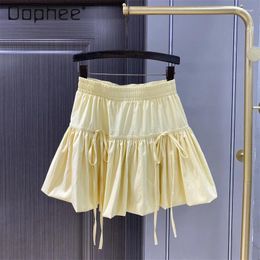 Skirts Woman's Pleating Short Bubble Skirt 2024 Summer Sweet Women Elastic Waist High With Straps A- Line Bud Lantern