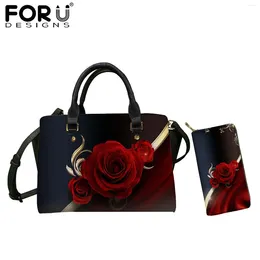 Evening Bags FORUDESIGNS Gothic Rose Floral Style Women PU Leather Totes With Purse Set Luxury Designer Lady Handbag Wallets Sac A Main