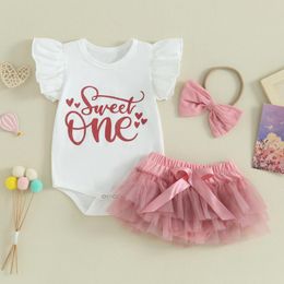 Clothing Sets Sweet Style Baby Girls Summer Outfits Cute Fashion Letter Print Rompers Elastic Tulle Skirt Headband 3PCS Set Infant Clothes