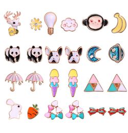 Bulldog Panda Rabbit Monkey Animal Cartoon Stud Earrings Creative retro lovely sweet fruits Dripping oil Studs 12pairslot accpet 7472254