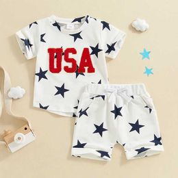 Kleidungssets Sommer Jungen kurzärmelig gesticktes Buchstaben T-Shirt Star gedruckt kurzärmelig 4. Juli Sommerset J240518