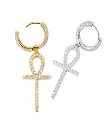 New ICE OUT Hip Hop Ankh cross Earring GoldSilver Colour Plated Micro Pave Cubic Zircon Stones Egyptian Key of Life Earrings For w7538184