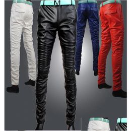 Mens Pants Moda Kişilik Sıkı Deri Korece Versiyon İnce Ayaklar Siyah ve Beyaz Kırmızı Pu Damla Teslim Giysileri DH3ER