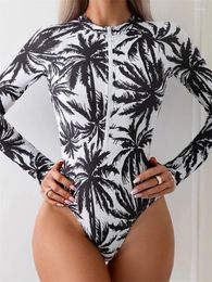 Women's Swimwear One Piece Swimsuit Women 2024 Coconut Tree Summer Long Sleeve Sexy Bodysuit Monokini Beachwear Bathing Suit Female