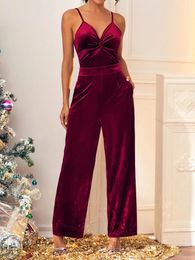 Finjani Womens Jumpsuit Red Velvet Backless Jumpsuits Surplice Neck Slant Pocket Cami Wide-Leg Womens Clothing Autumn 240518