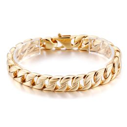 23cm 9 inch 12mm Gold-Plated Chain Bracelet Fashion Stainless Steel Cuban curb Link Chain Bangle Women Mens Jewlery 247d