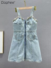 Casual Dresses Trendy Diamond-Embedded Denim Suspender Dress For Women 2024 Summer Ins Rhinestone Sleeveless Slim A- Line Short Jean