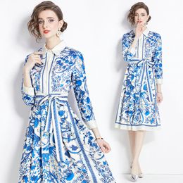 Women Printed Dress Long Sleeve Boutique Dress Spring Autumn Bow Dress High-end Fashion Elegant Lady Floral Dresses OL Runway Dresses