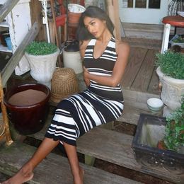 Basic Casual Dresses Black Striped Knitted Dress Summer Sexy Halter Backless Slim Beach Dresses Women Elegant Sleeveless Holiday Vacation Dress 2024 J240516