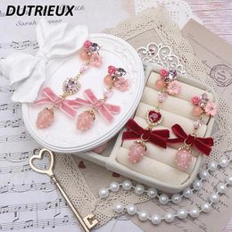 Stud Earrings Lolita Japanese Style Bow Flower Heart Shape Rhinestone Strawberry Eardrops Sweet Cute 925 Silver Needle For Women