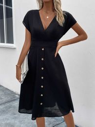 Runway Dresses Summer Womens Clothing Midi Dress Black Short Slve V-Neck Solid Cotton A-Line Dress Elegant Casual Female Long Dresses T240518