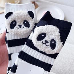 Women Socks Kawaii Panda Black White Striped Fashion Cute 3D Cartoon Animal Stockings Female Harajuku Cotton Loose