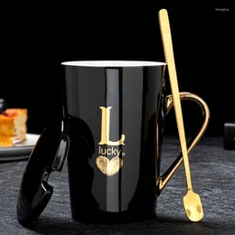 Mugs Classic Black Bone China Letter Mug Gold Tracing Handle Personalized 420ml Gift Box Coffee Couple Ceramic