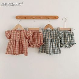 Clothing Sets Summer Infant Baby Girls Sleeve Plaid Buttons Top Tees T-shirts Ruched Bottoms Kids Toddler Cotton Set 2pcs