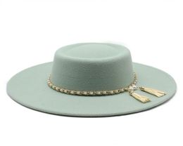 Summer Simple Solid Colour Wool Felt Jazz Fedora Hats with Chain Men Women Wide Brim Panama Trilby Cap Autumn winter1941161