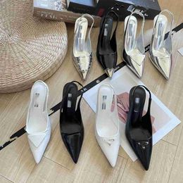 Dress Shoes 7CM Triangle Buckle Slingback Sandals Metallic Silver Patent Pumps High Heels Shoes Pointed Toe Women Lady Wedding Party Dinner Pump Heeled Stilettos