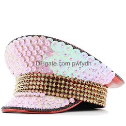 Wide Brim Hats Women Pink Sequin Military Hat Festival Dj Go Dancer Halloween Costume Cosplay Party Yacht Week Sergeant Drop Delivery Otcte