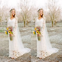 2019 Romantic Boho Style Long Sleeve Wedding Dresses O Neck A Line Full Lace Country Style Bridal Gown Custom Made 2500
