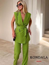 KONDALA Office Lady Solid Green Vest Blazer Women V Neck Double Breasted Sashes Long Sleeveless Jackets Fashion Coats 240518
