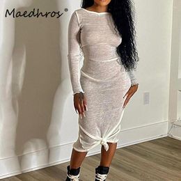 Casual Dresses O Neck Long Sleeve Solid Female See Through Sexy Slim Mini Dress Winter Fashion Clothes Women Evening Party Nightclub